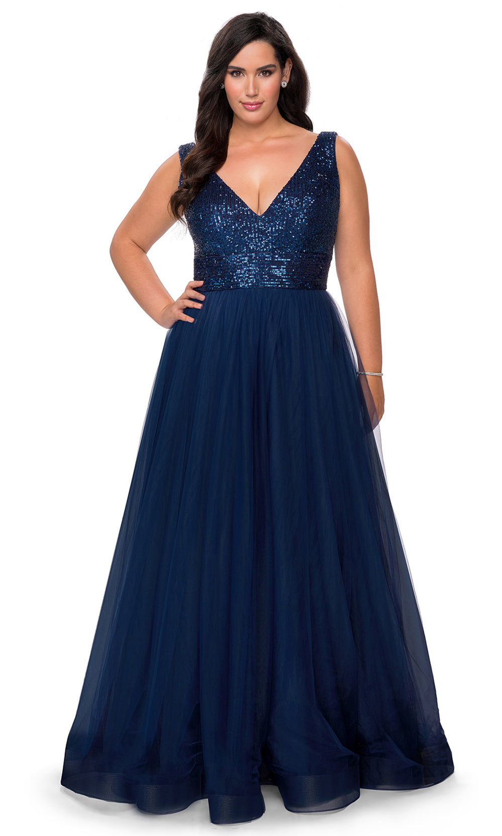 La Femme - 29045 Sequined Deep V Neck Tulle A-Line Gown In Blue