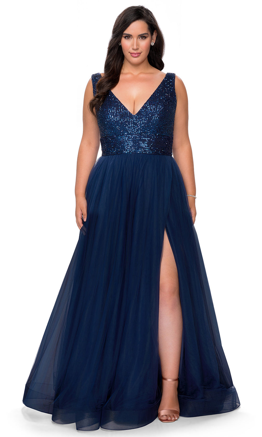 La Femme - 29045 Sequined Deep V Neck Tulle A-Line Gown In Blue