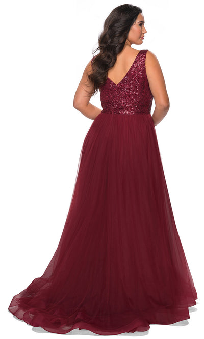La Femme - 29045 Sequined Deep V Neck Tulle A-Line Gown In Red