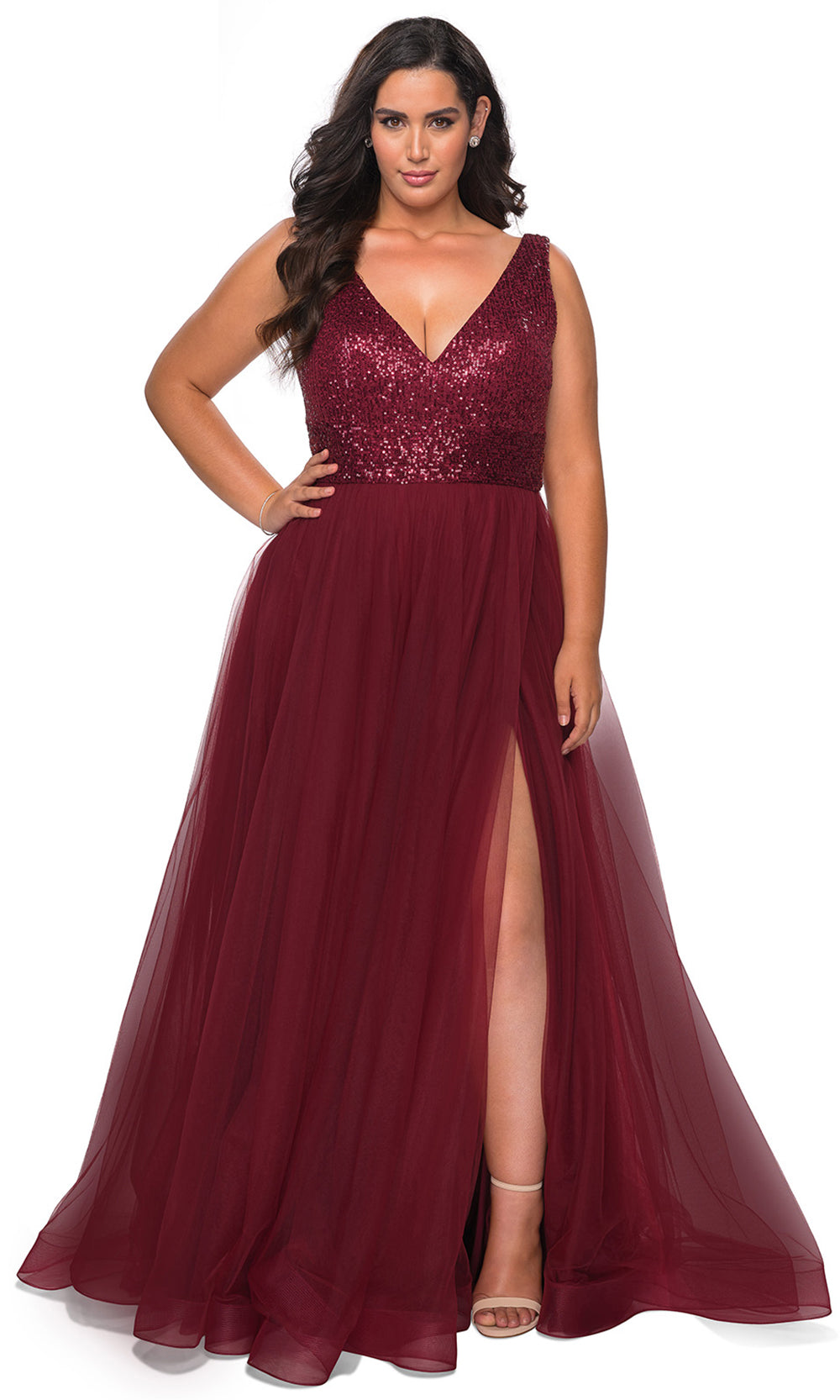 La Femme - 29045 Sequined Deep V Neck Tulle A-Line Gown In Red