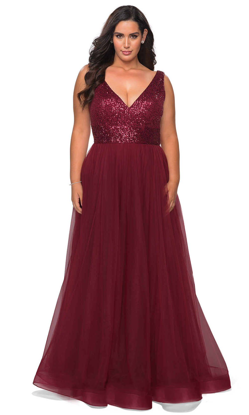 La Femme - 29045 Sequined Deep V Neck Tulle A-Line Gown In Red