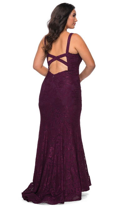 La Femme - 29052 Embellished Lace Deep V Neck Dress In Purple