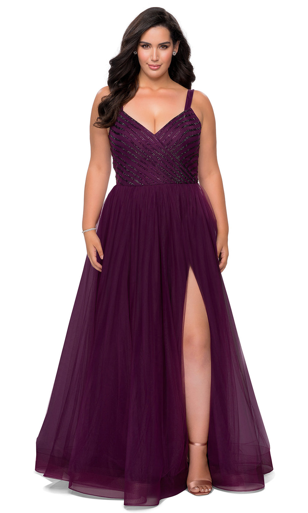 La Femme - 29060 V Neck Evening Dress With Slit In Purple