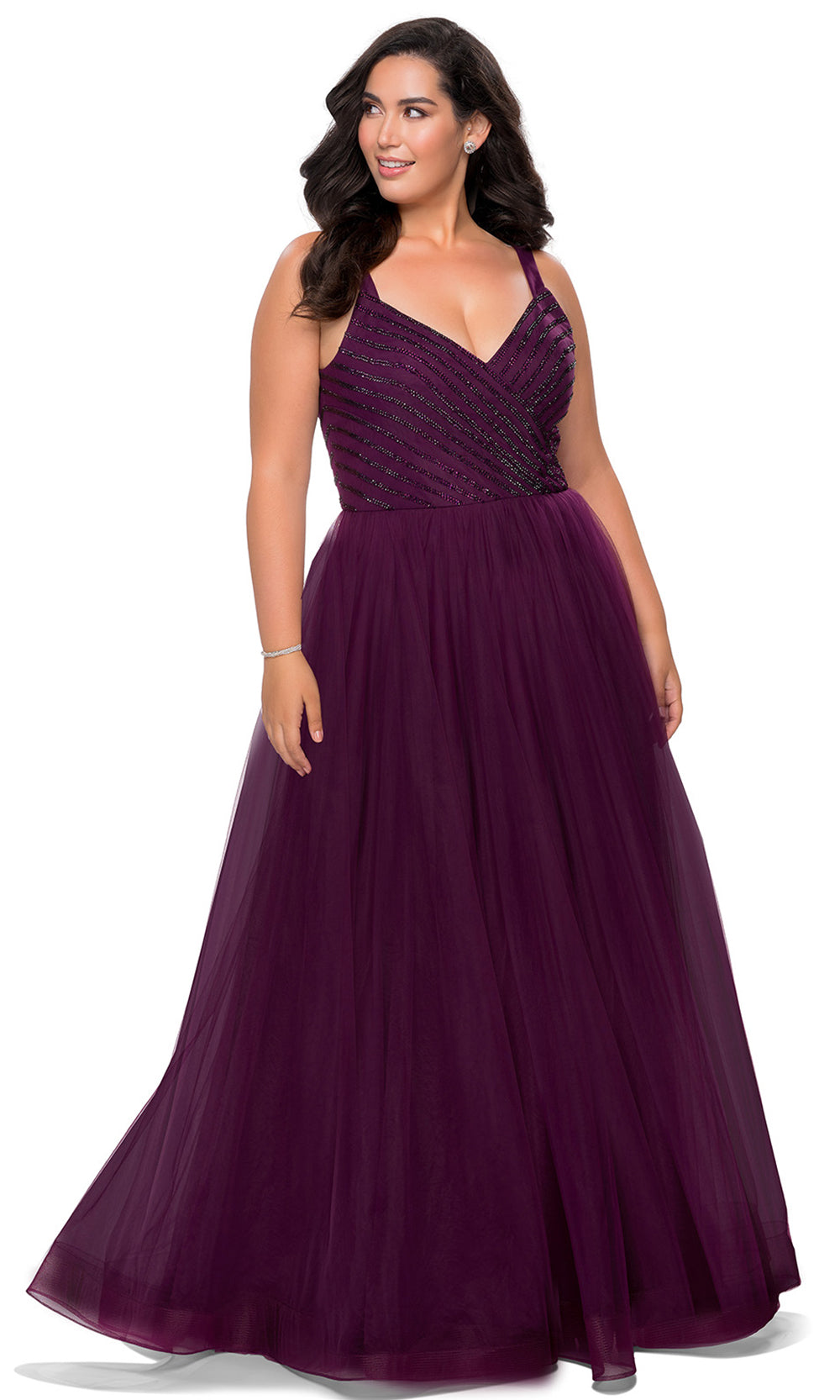 La Femme - 29060 V Neck Evening Dress With Slit In Purple