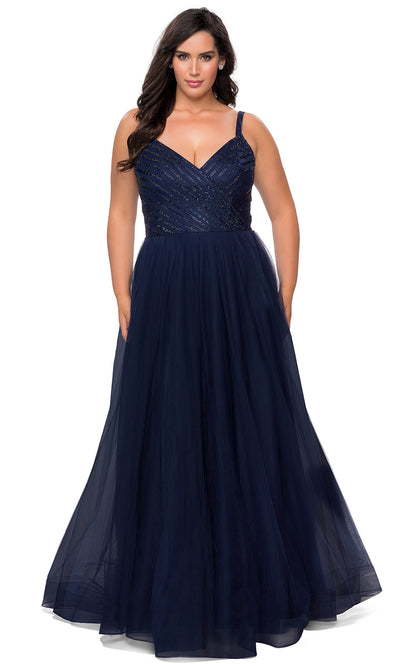 La Femme - 29060 V Neck Evening Dress With Slit In Blue
