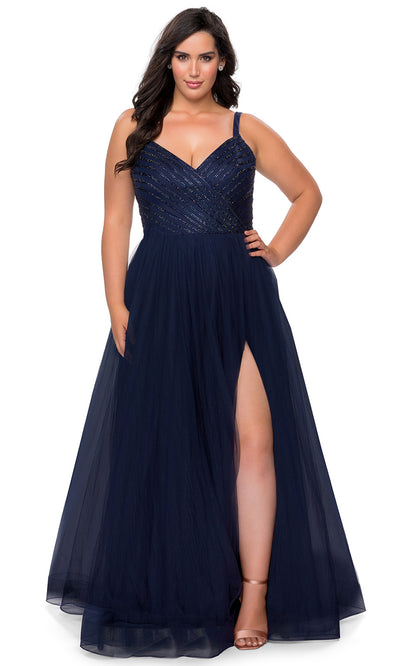 La Femme - 29060 V Neck Evening Dress With Slit In Blue