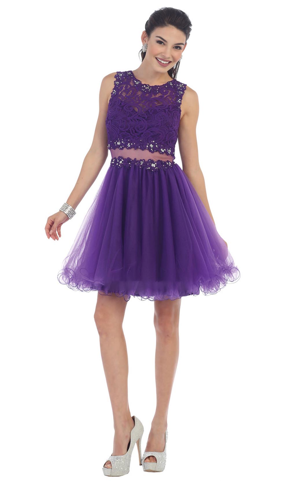 May Queen - MQ1268 Jewel Embroided Cocktail Dress In Purple
