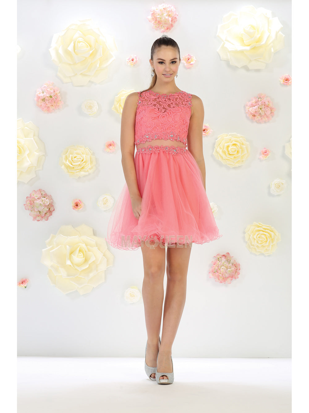 May Queen - MQ1268 Jewel Embroided Cocktail Dress In Pink and White