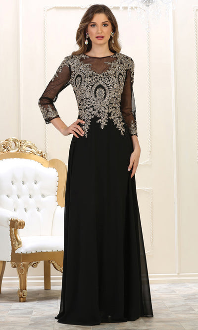 May Queen - MQ1549 Long Sleeve Embellished Gown In Black and Gold