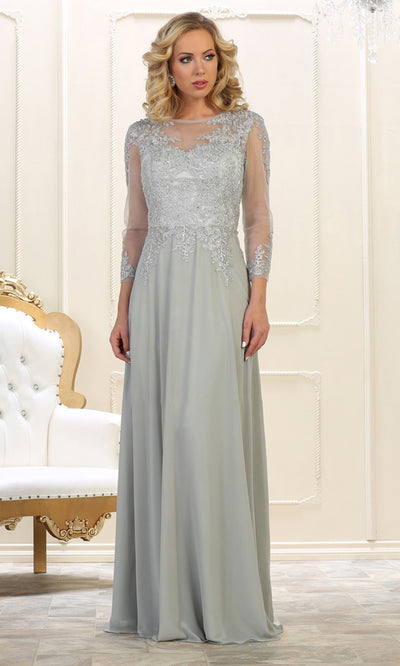 May Queen - MQ1549 Long Sleeve Embellished Gown In Silver