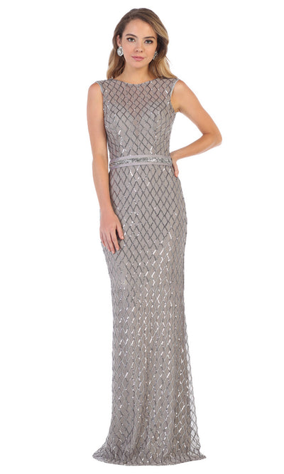 May Queen - MQ1606 Sleeveless Jewel Column Gown In Silver