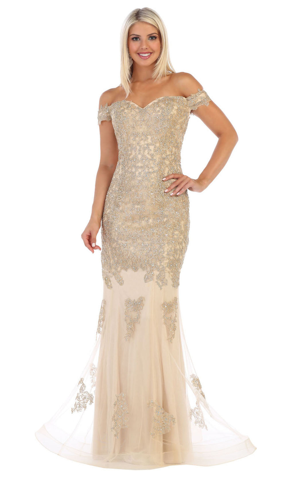 May Queen - MQ1607 Off Shoulder Embroidered Gown In Gold