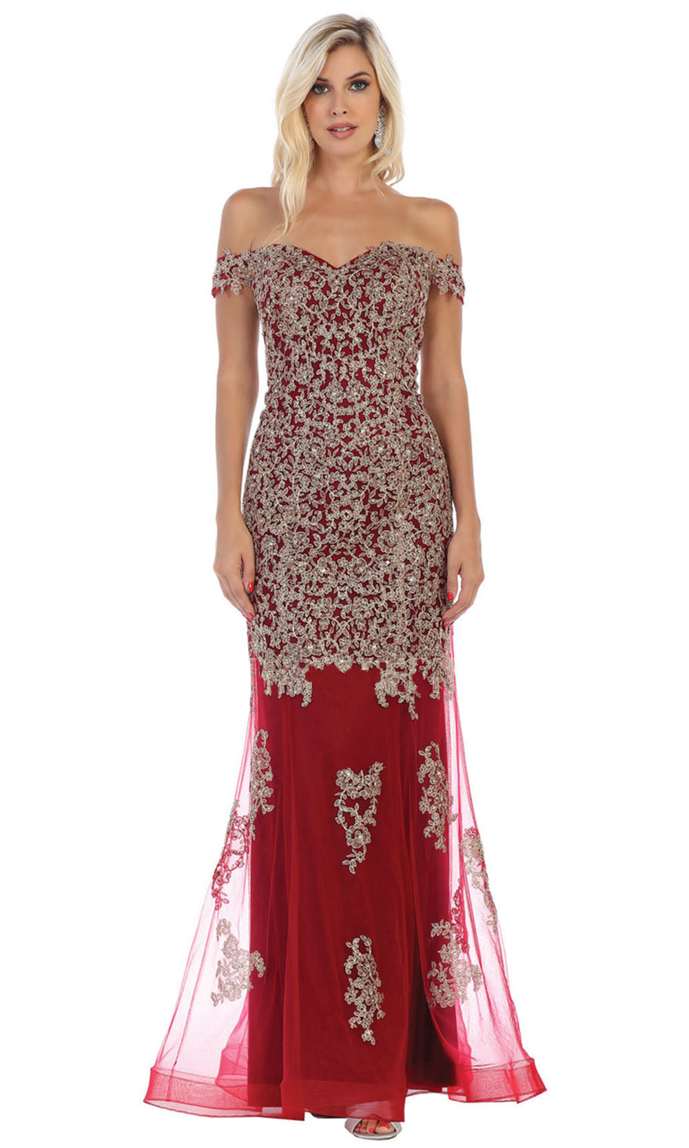 May Queen - MQ1607 Off Shoulder Embroidered Gown In Red