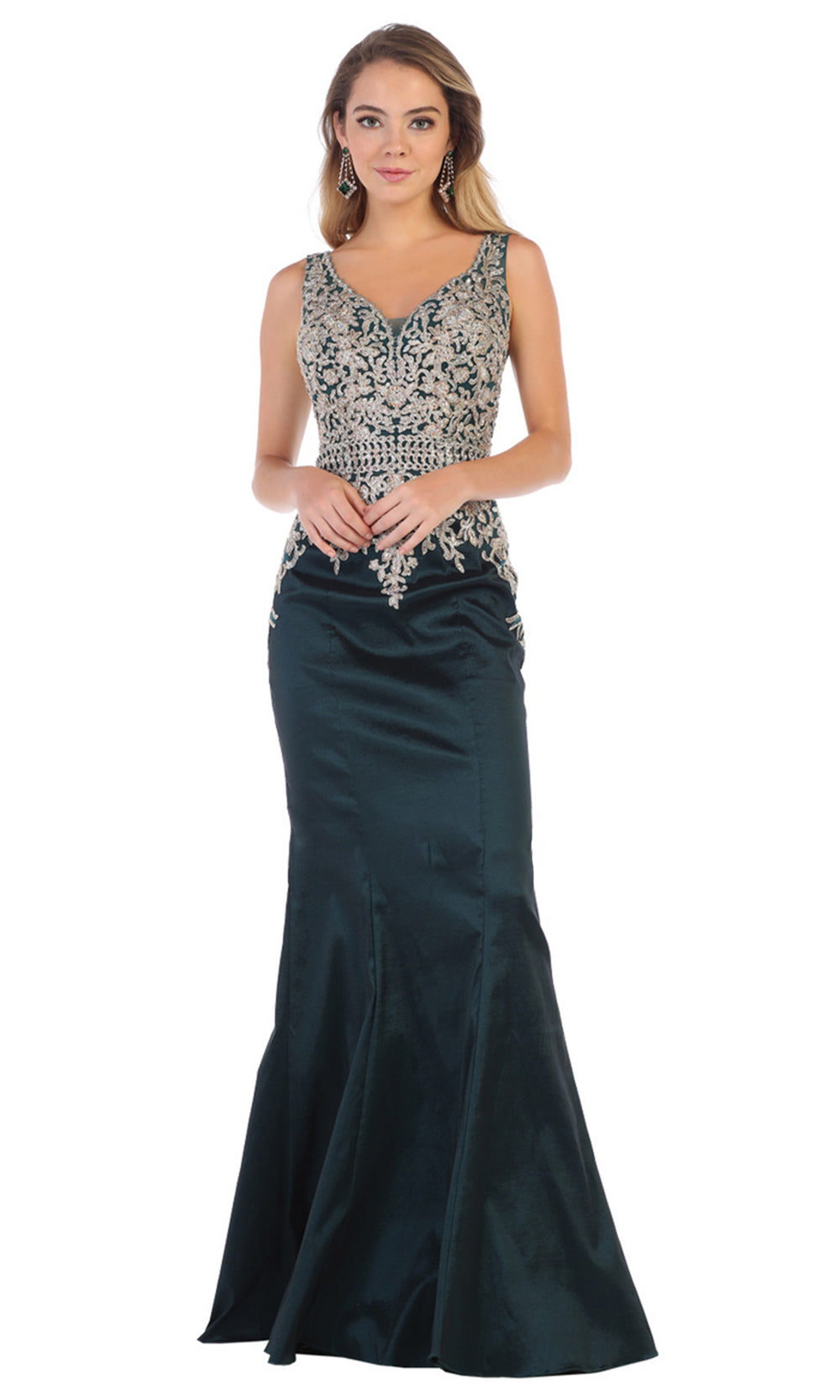 May Queen - MQ1608 Embellished V Neck Trumpet Dress In Green