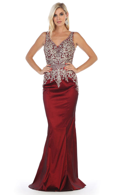 May Queen - MQ1608 Embellished V Neck Trumpet Dress In Red