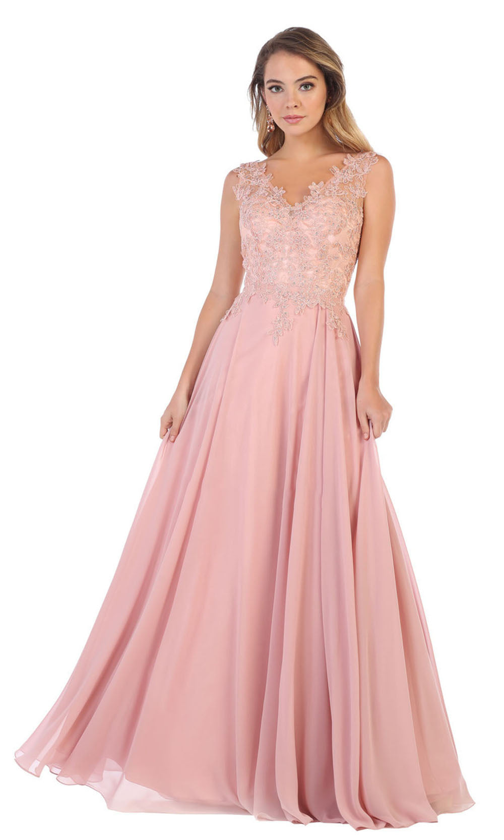 May Queen - MQ1610 Embroidered V Neck A-Line Gown In Pink