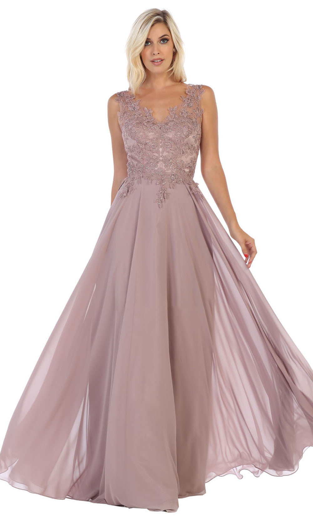 May Queen - MQ1610 Embroidered V Neck A-Line Gown In Pink