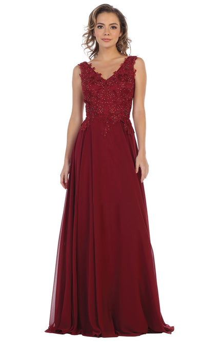 May Queen - MQ1610 Embroidered V Neck A-Line Gown In Red