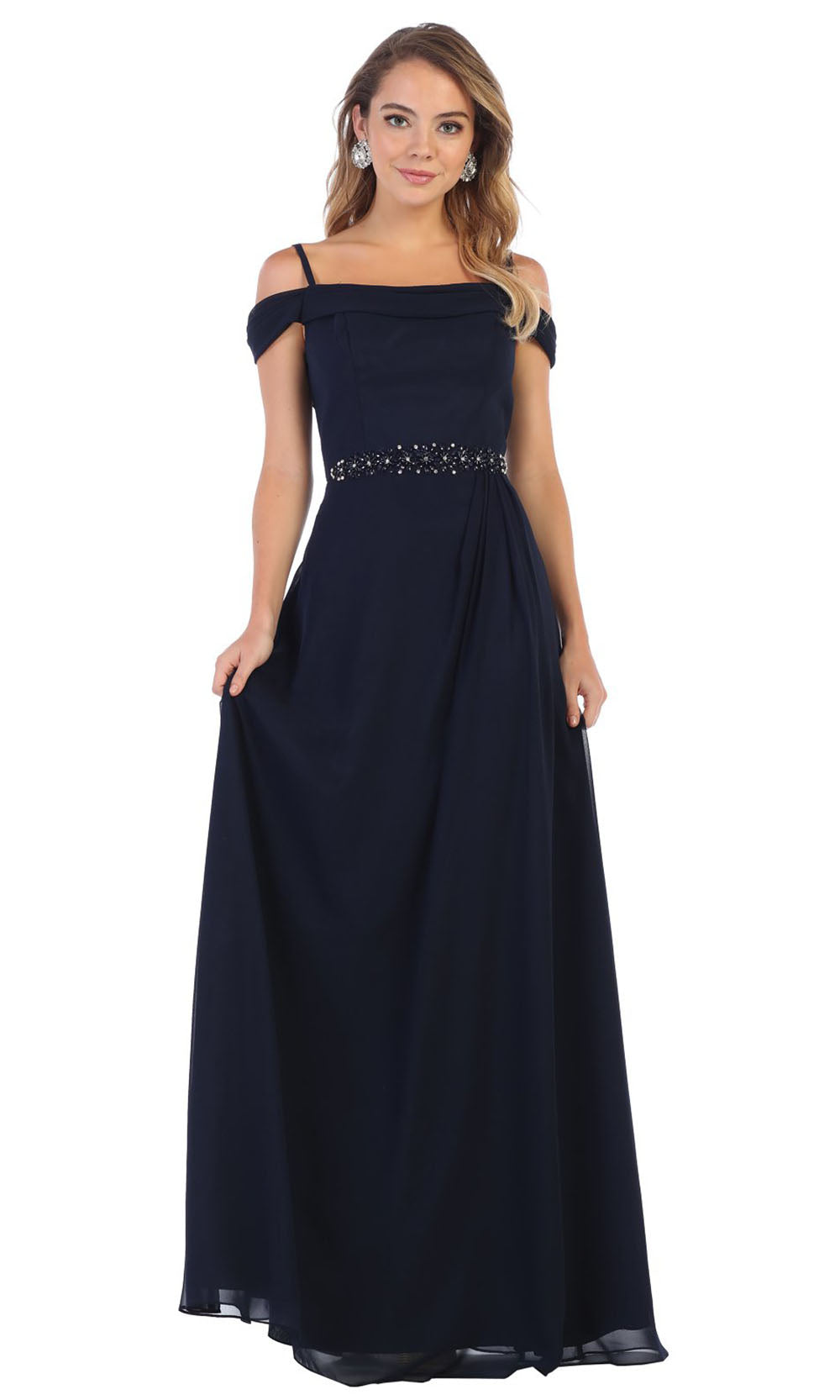May Queen - MQ1611 Off Shoulder Long Formal Dress In Blue