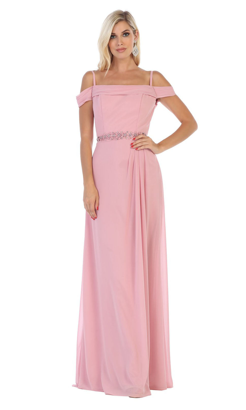 May Queen - MQ1611 Off Shoulder Long Formal Dress In Pink