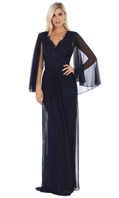 May Queen - MQ1612B V Neck Formal Gown In Blue and Black