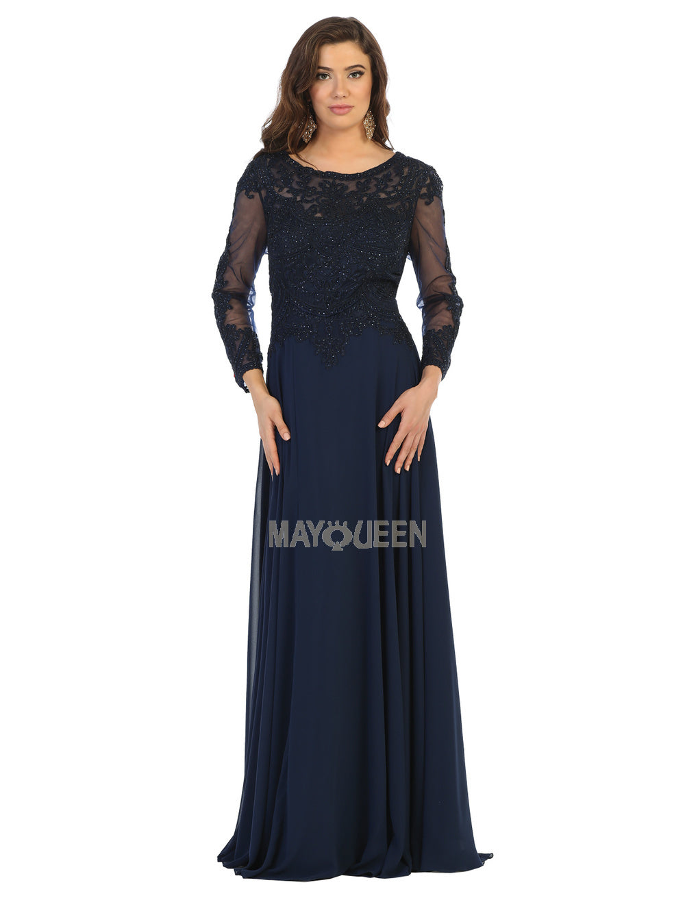 May Queen - MQ1615 Embroidered Bateau A-Line Gown In Blue