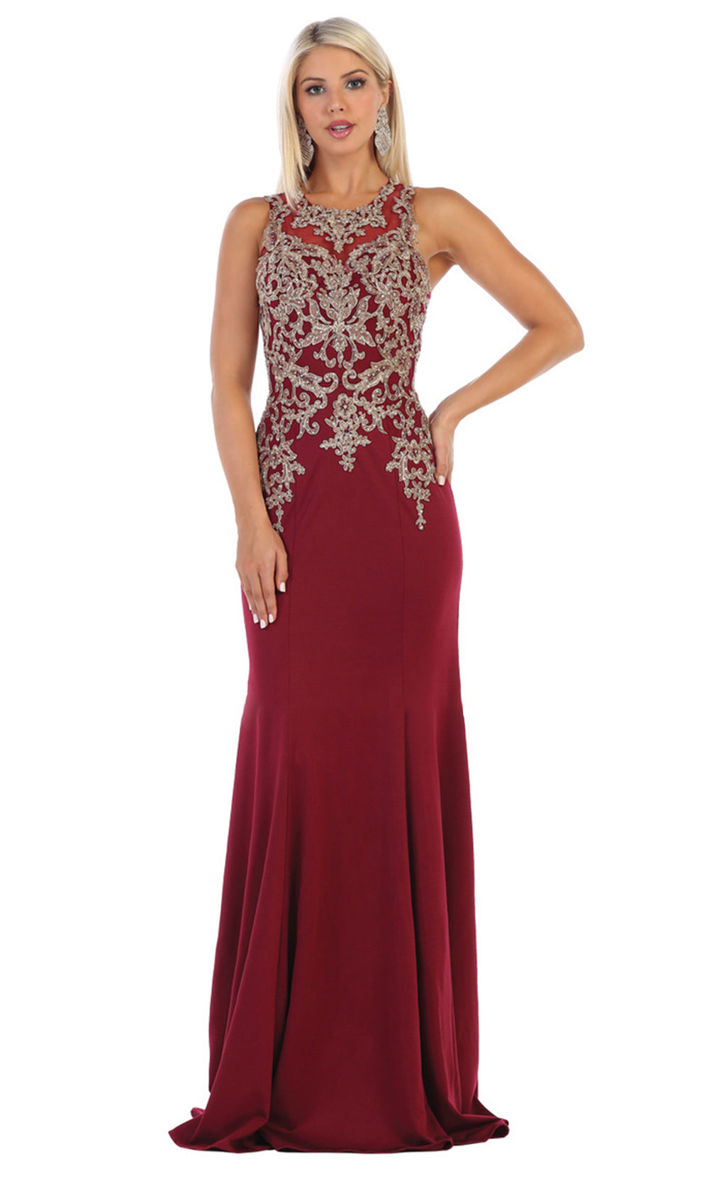 May Queen - MQ1629 Beaded Illusion Jewel Dress In Red