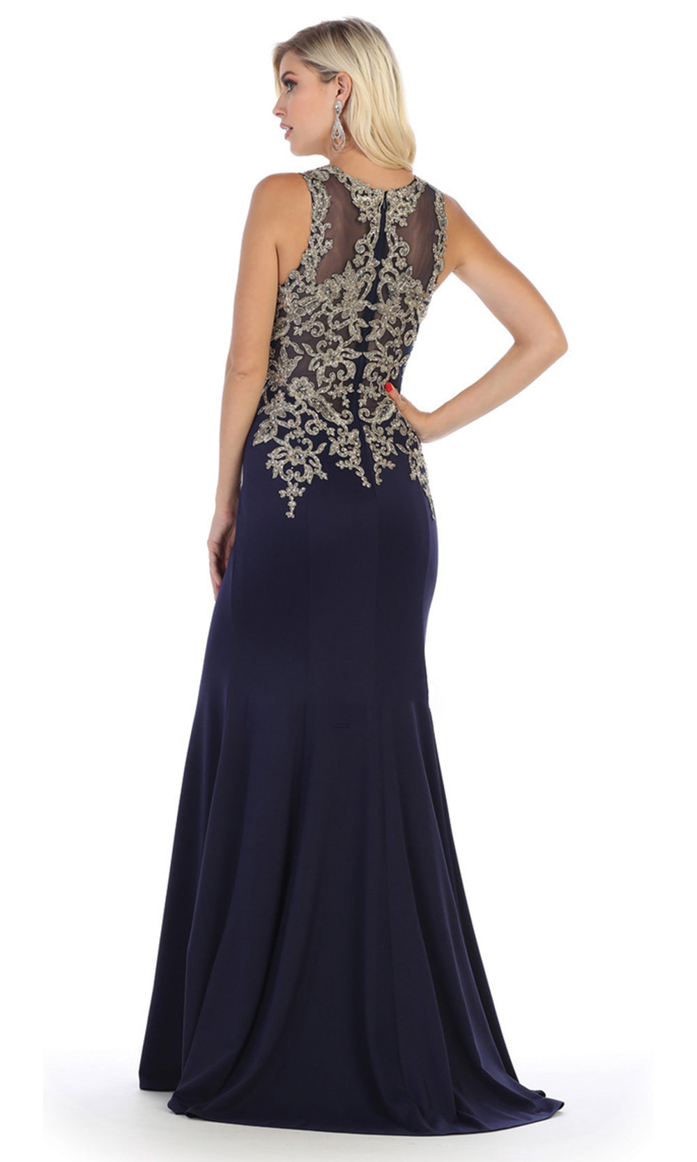 May Queen - MQ1629 Beaded Illusion Jewel Dress In Blue