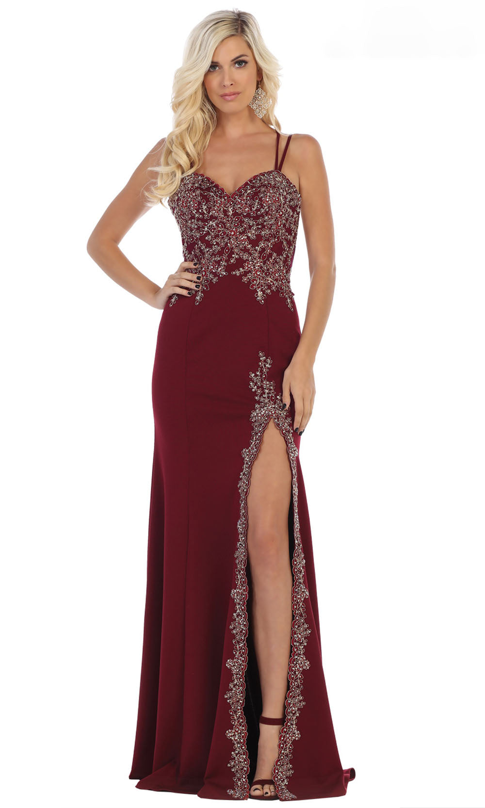 May Queen - MQ1633 Embellished Sweetheart Long Dress In Burgundy