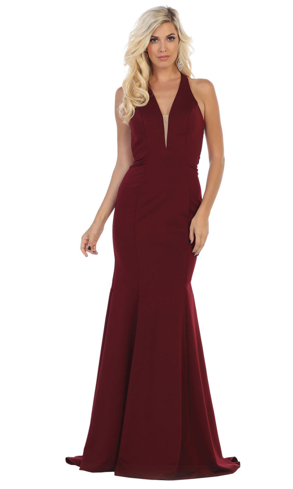 May Queen - MQ1636 Deep V Neck Long Sheath Dress In Red
