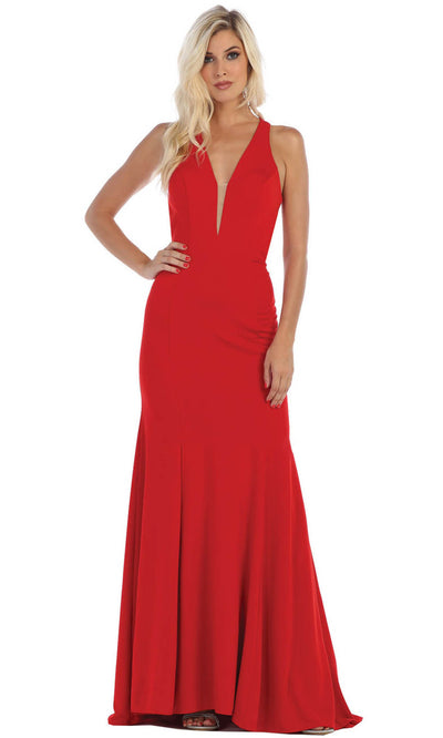 May Queen - MQ1636 Deep V Neck Long Sheath Dress In Red