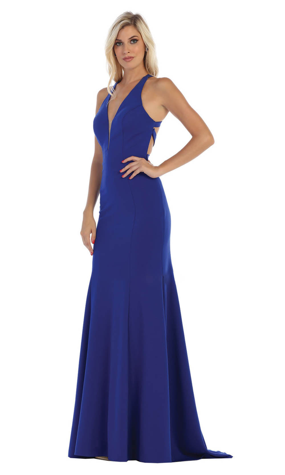 May Queen - MQ1636 Deep V Neck Long Sheath Dress In Blue