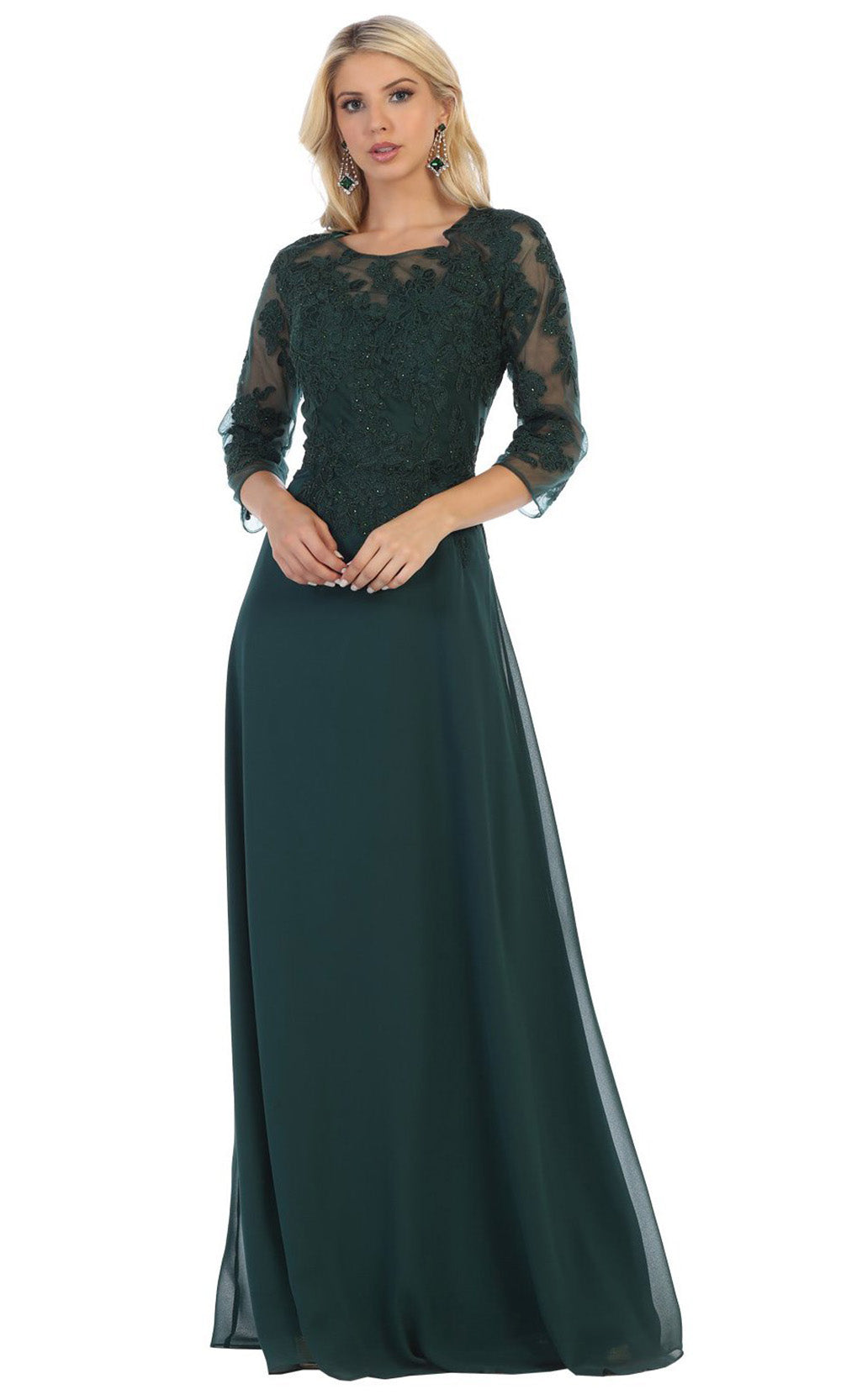 May Queen - MQ1637 Illusion Quarter Sleeve Long Dress In Green