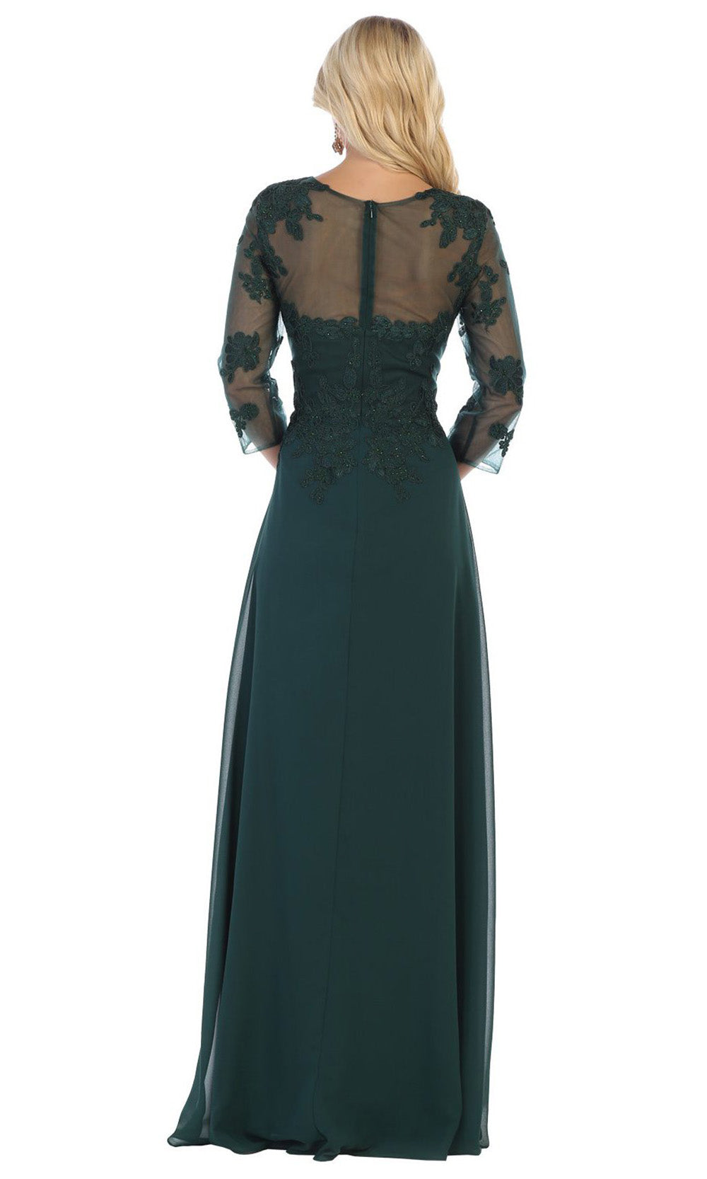 May Queen - MQ1637 Illusion Quarter Sleeve Long Dress In Green