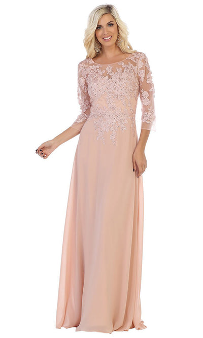 May Queen - MQ1637 Illusion Quarter Sleeve Long Dress In Pink