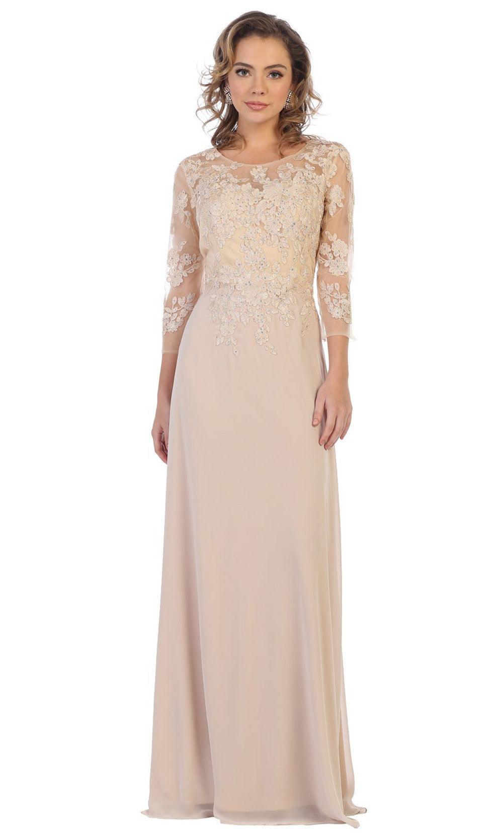 May Queen - MQ1637 Illusion Quarter Sleeve Long Dress In Champagne
