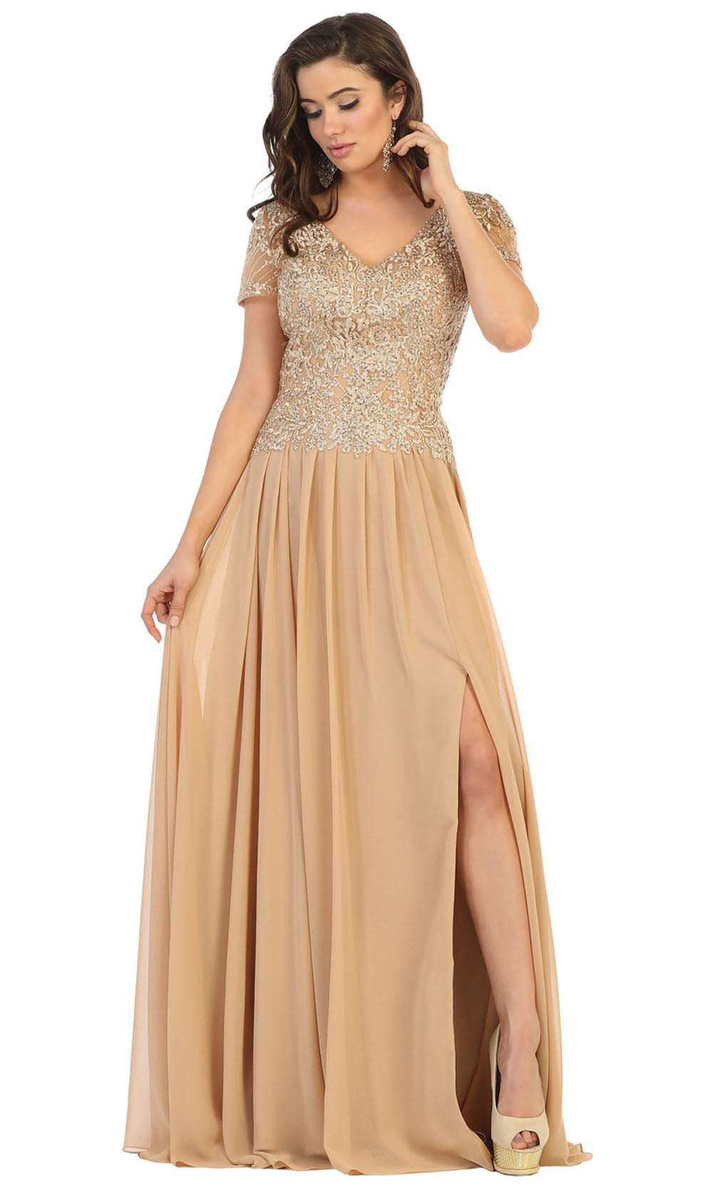 May Queen - MQ1638 Short Sleeve V-Neck A-Line Dress In Gold