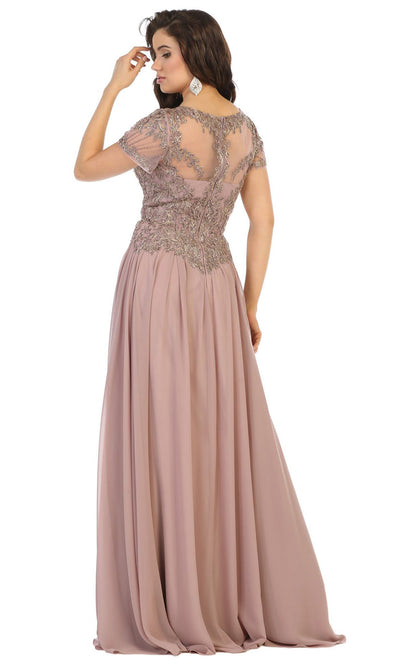 May Queen - MQ1638 Short Sleeve V-Neck A-Line Dress In Mauve