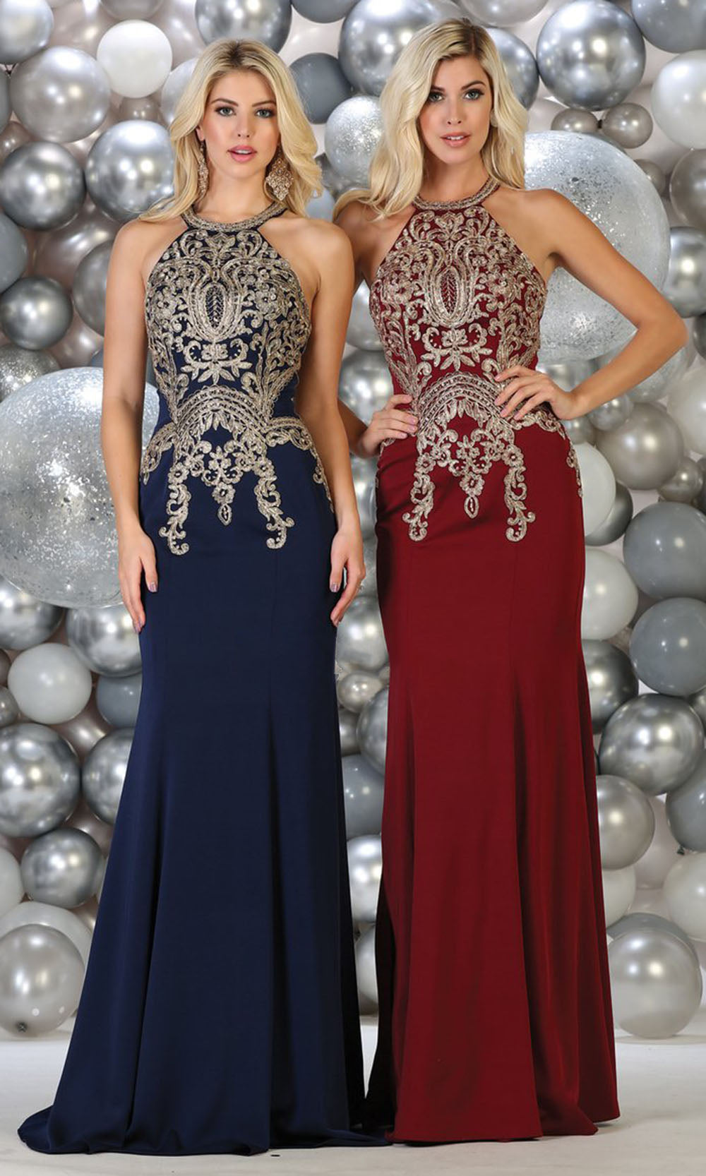 May Queen - MQ1641 Halter Embroidered Fitted Gown In Blue and Red