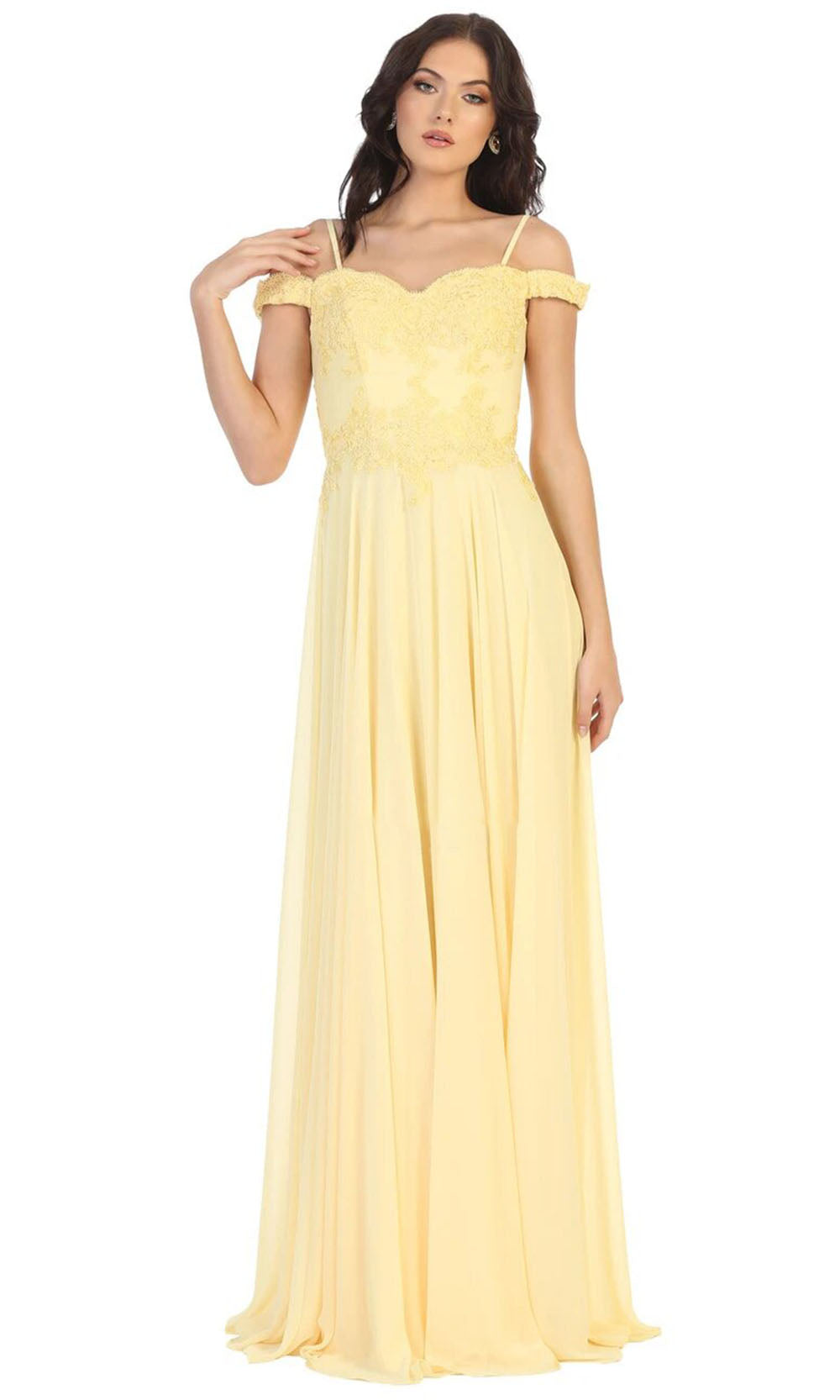 May Queen - MQ1644B Embroidered Off Shoulder A-Line Dress In Yellow