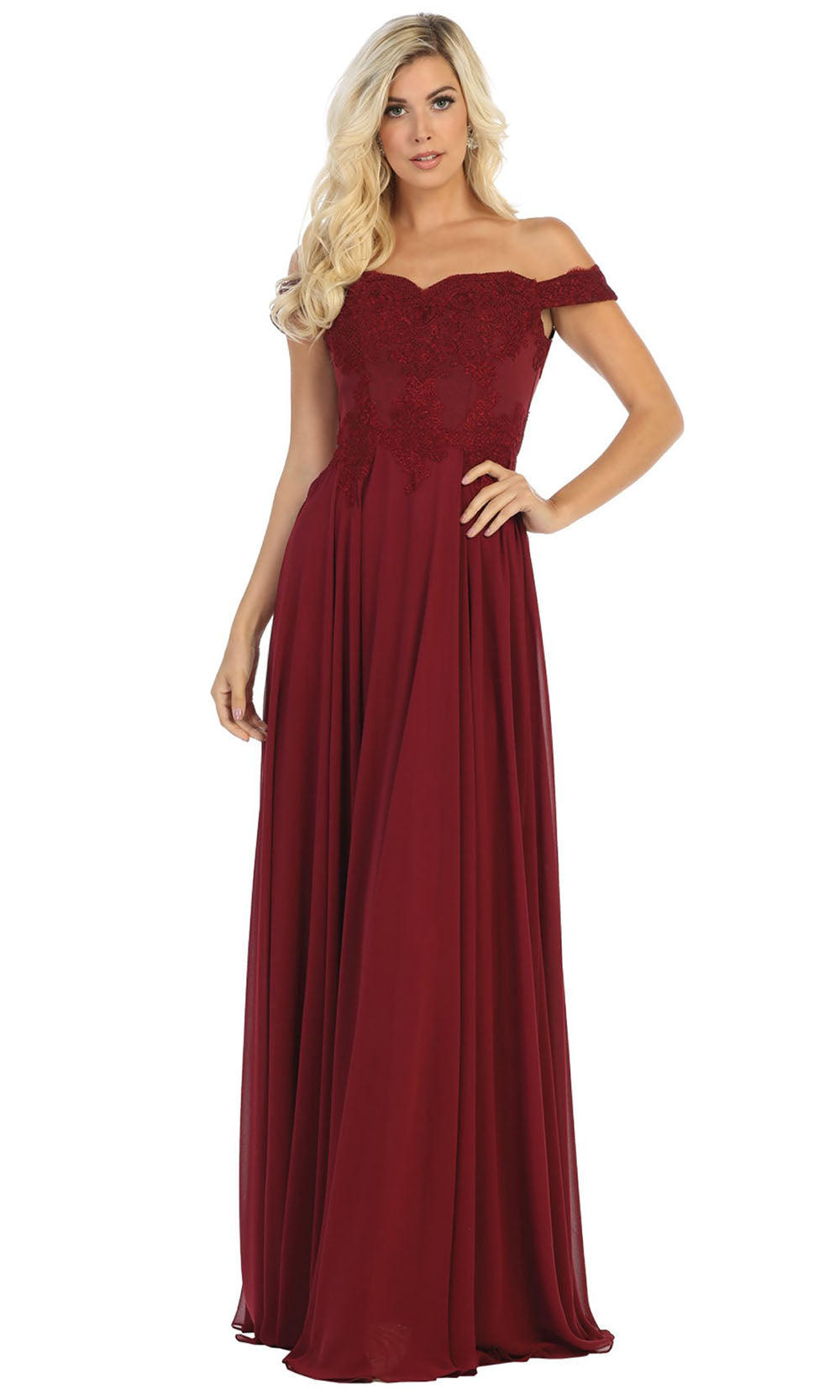 May Queen - MQ1644B Embroidered Off Shoulder A-Line Dress In Red