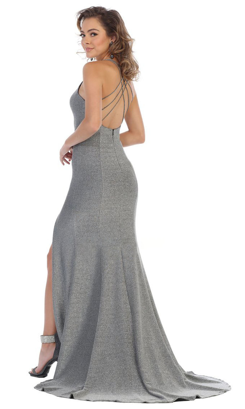 May Queen - MQ1655 Strappy Back Glittered Dress In Silver