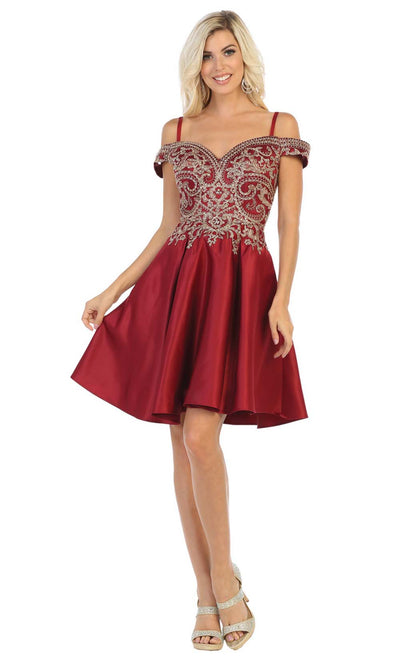 May Queen - MQ1661 Embellished Off Shoulder A-Line Dress In Red