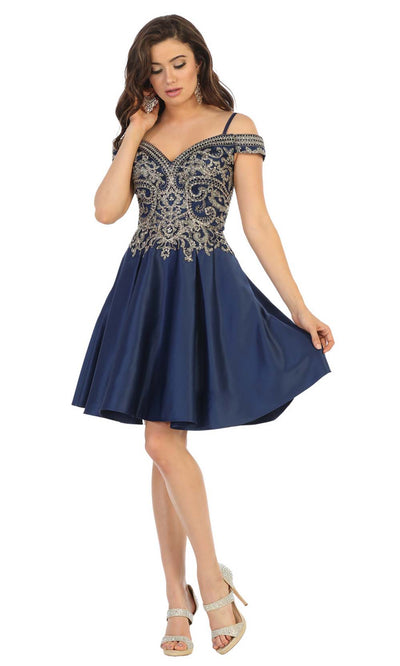 May Queen - MQ1661 Embellished Off Shoulder A-Line Dress In Blue