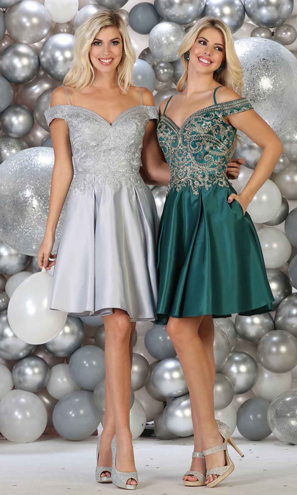 May Queen - MQ1661 Embellished Off Shoulder A-Line Dress In Silver and Green