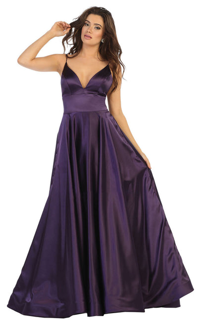 May Queen - MQ1664 Deep V Neck A-Line Gown In Purple