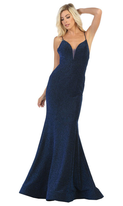 May Queen - MQ1672 Crisscross Back Long Sexy Dress In Blue