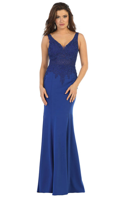 May Queen - MQ1674 Embroidered V Neck Sheath Dress In Blue