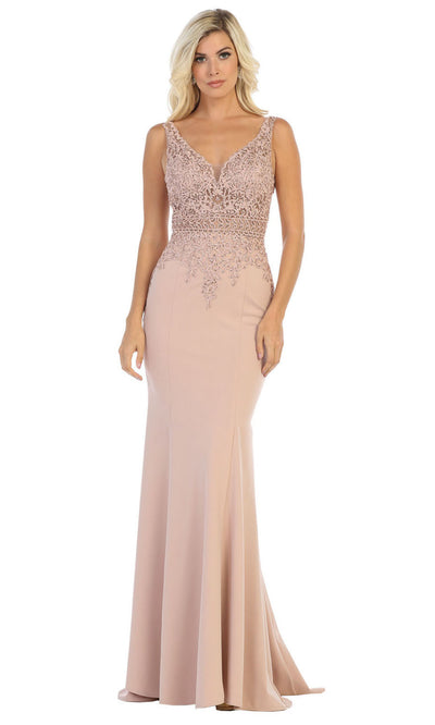 May Queen - MQ1674 Embroidered V Neck Sheath Dress In Pink
