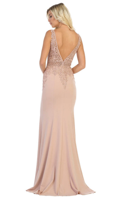 May Queen - MQ1674 Embroidered V Neck Sheath Dress In Pink